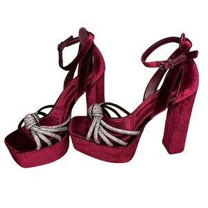 Burgundy Velvet Gianni Bini Anissa Platform Heels w/ Rhinestone Bow Ankle Strap
